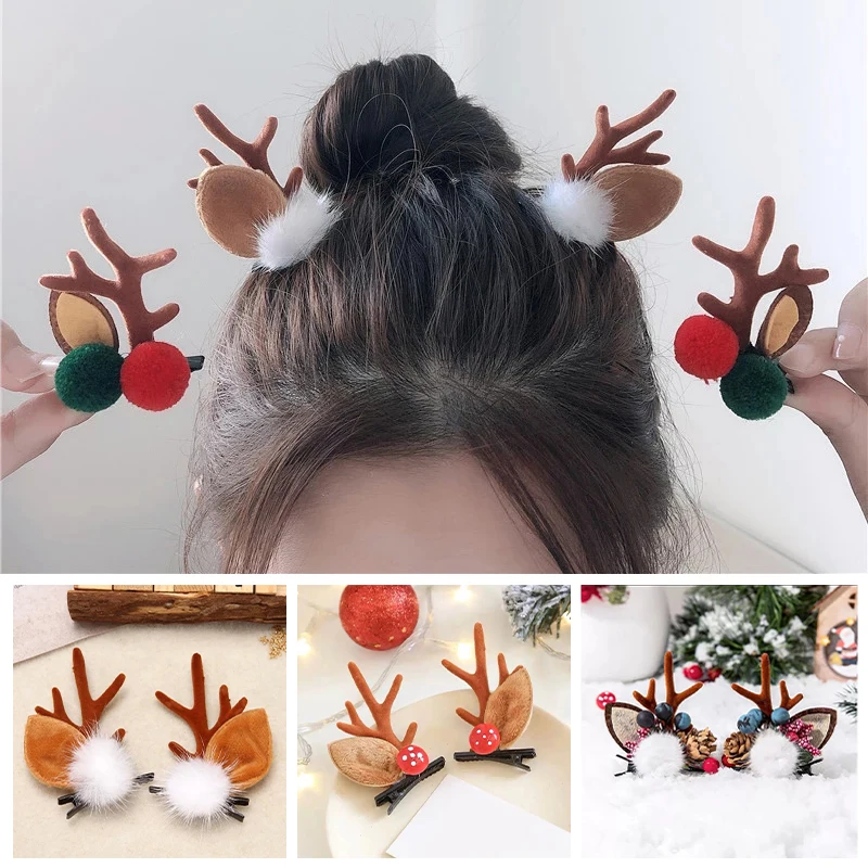 1 Pair Cute Christmas Hair Clips Antler Deer Ear Hairpins for Women Girl Festival Barrettes Headwear Xmas Party Hair Accessories